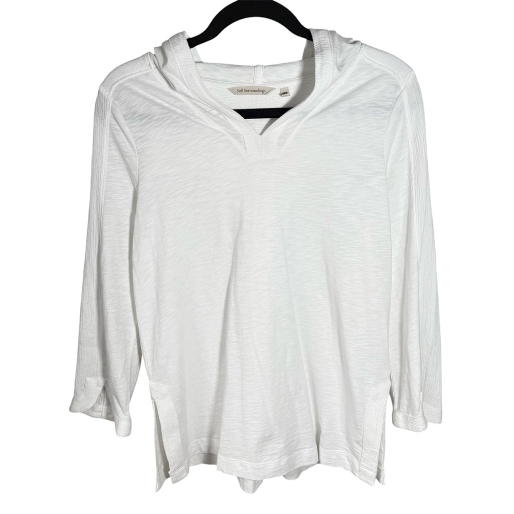 Soft Surroundings White Pullover Hoodie Organic Cotton Button Back Accent PXS